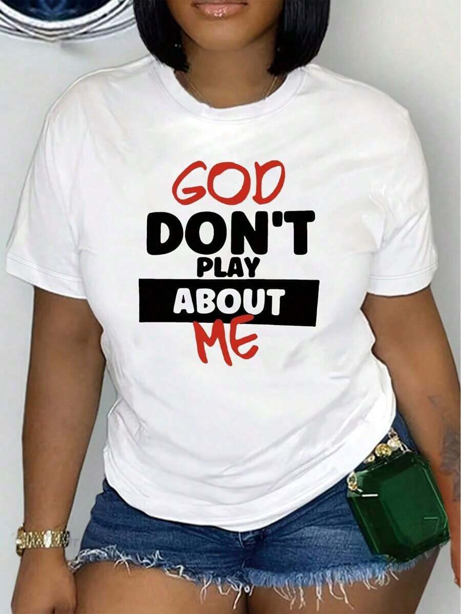 Camiseta Gráfica para Mujer "God Don't Play With Me" - Cuello Redondo Casual, Manga Corta, Cómoda para Primavera/Verano, Blanca con Estampado Rojo, Ligera, 100% Algodón - Blanco - Ver 1