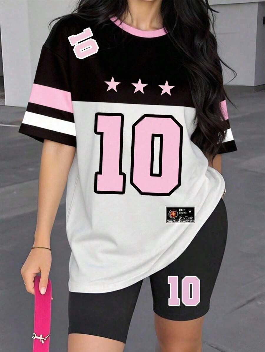 Conjunto de camiseta y pantalones cortos de ciclista con estampado gráfico de número 13 y eslogan, de moda casual para mujer - Multicolor 16 - Ver 1
