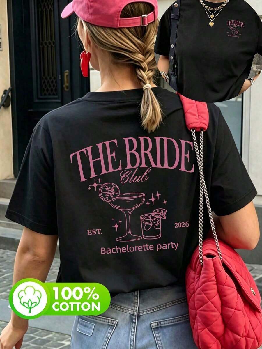 Women's 100% Cotton T-Shirts With Bride Club Print, Round Neck, Short Sleeve, Summer Casual, White - 黑色 - 查看 1