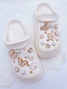 18pcs Fashionable Versatile Pearl Flower Shell Shoe Clips, Detachable DIY Decorations, Multifunctional Shoe Clips For Women's Sandals, Slippers, Beach Bags, Suitable For Holidays And Birthday Party Gifts - Gold - View 4