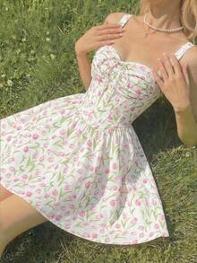 Vestido midi acampanado con cintura fruncida y estampado de flores, con decoración de lazo.Ideal para rave, estilo bohemio, conciertos, graduación, romántico, verano, elegante, vacaciones, fiestas, fluido, invitada de boda, té, modesto, baile d - Multicolor 3 - Ver 2
