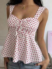 Nueva Colección Primavera/Verano 2026 para Mujer: Blusa/Top sin Mangas con Volantes y Cordón Ajustable, Estampado de Lunares Amarillo Buttercup y Marrón, Estilo Casual y Versátil, Top de Verano - Rojo y Blanco 2 - Ver 2