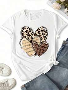 1 pieza de ropa para mujer, camiseta blanca con estampado de corazón de leopardo, camisas, top blanco, camisetas gráficas para mujer, camiseta unisex casual de cuello redondo, tejido de punto ligero de 220 g/m², lavable a máquina, para primavera/verano/otoño, Día de San Valentín, Día de la Madre, Navidad, transpirable y cómoda. - Blanco - Ver 2