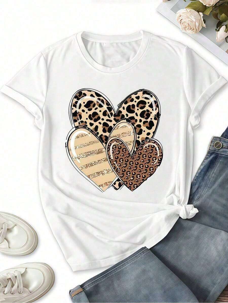 1 pieza de ropa para mujer, camiseta blanca con estampado de corazón de leopardo, camisas, top blanco, camisetas gráficas para mujer, camiseta unisex casual de cuello redondo, tejido de punto ligero de 220 g/m², lavable a máquina, para primavera/verano/otoño, Día de San Valentín, Día de la Madre, Navidad, transpirable y cómoda.