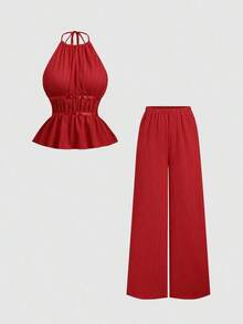 Conjunto de 2 piezas estilo francés relajado con camiseta sin mangas de cintura ceñida y pantalón ancho de pierna holgada, un conjunto de moda para mujeres - Rojo - Ver 8