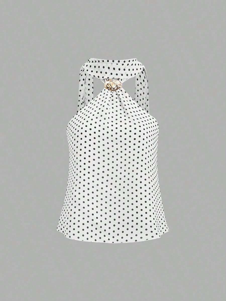 Top corto de tirantes con estampado de lunares lindo y encantador para mujer, para uso casual - Blanco - Ver 1