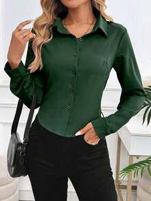 Blusa de unicolor informal para mujer para usar en el trabajo/diario, primavera-verano, con mangas largas - Verde - Ver 3