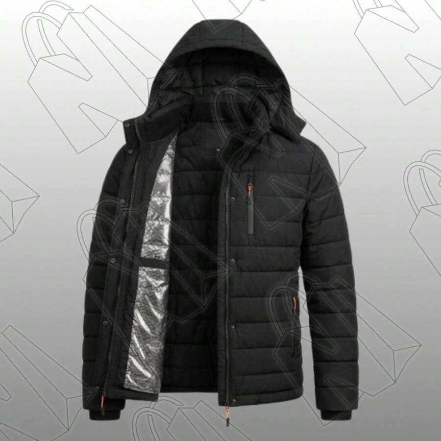Men's Thermal And Lined Nylon Jacket With Removable Hood - Black - View 1