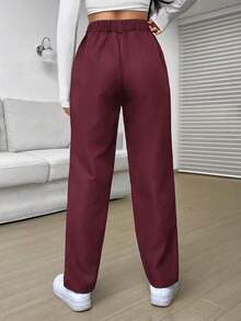 Pantalones casuales sueltos de pierna recta con plisados de cintura alta negros para mujeres - Burdeos - Ver 2