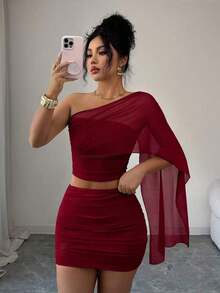 Conjunto de 2 piezas de falda mini ajustado fruncida en la cintura y top corto bandeau, de malla transparente y sexy para el verano - Burdeos - Ver 5