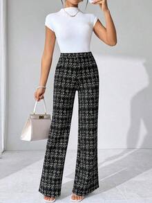 Pantalones elásticos de punto con estampado de cuadros elegantes para mujer, adecuados para varias ocasiones, como vacaciones de verano, viajes elegantes y uso diario - Blanco y Negro - Ver 8