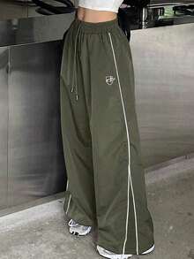 Pantalones casuales de pierna ancha con cordón en contraste y ribeteamionto - Verde Oscuro - Ver 11