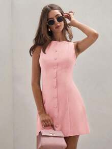 1 pieza Vestido casual mini de mujer de un solo botón, cuello redondo, sin mangas, de un solo color - Rosa - Ver 7