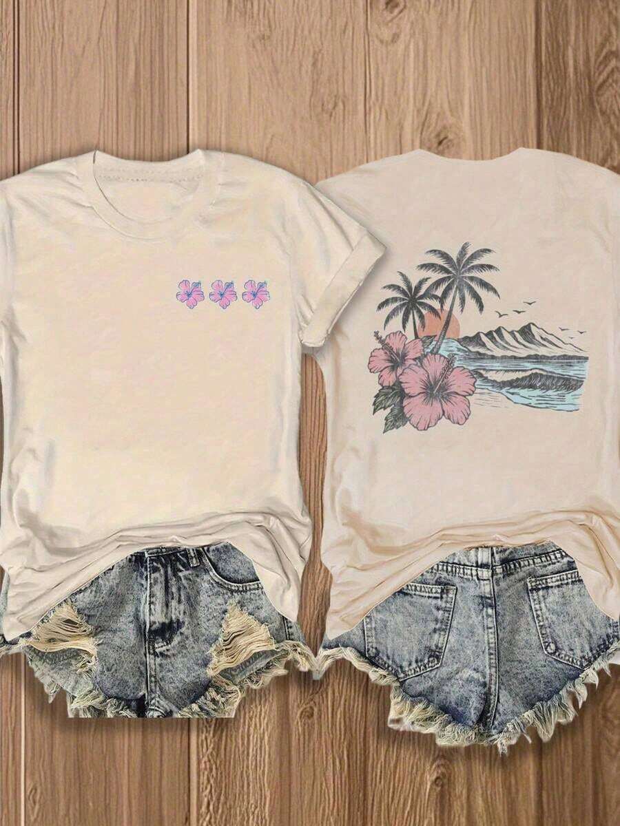 Camiseta con Estampado de Doble Cara "Paraíso Tropical" |     Diseño Exótico de Flores y Palmeras para Amantes de la Playa |     Ropa de Verano y Vacaciones en Mezcla de Algodón Suave - Estilo - Ver 1