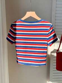 Camiseta ajustada de punto a rayas de colores amarilla para mujer - Multicolor 2 - Ver 2