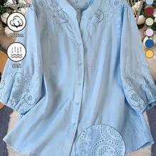 Blusa ligera y semitransparente con cuello en V y bordado sin estructura, para primavera/verano y vacaciones - Caqui - Ver 2