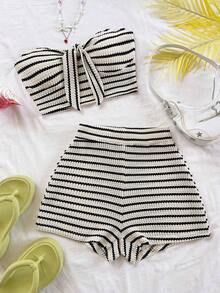2 piezas Conjunto de top corto a rayas y shorts de cintura alta para mujer, adecuado para vacaciones, citas, té de la tarde, playa, crucero, viaje a la ciudad, festival de música, estilo bohemio de playa - Blanco y Negro - Ver 7
