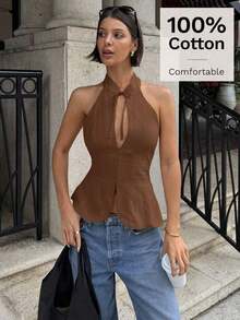 Parte superior sin mangas de mujer con lazo, cuello halter y abertura, chaleco casual - Marrón - Ver 3