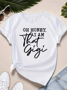 Camisetas blancas de manga corta, camiseta informal negra para mujer "Oh Honey I Am That Gigi" con cuello redondo y mangas cortas regulares, tejido de punto con elasticidad media, estilo casual. - Blanco - Ver 7