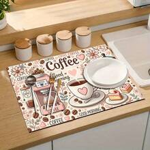 1 pieza Estera de secado de café, Almohadilla para máquina de café, Estera absorbente con tema de café de dibujos animados, Con diseño retro de máquina de café y taza rosa, con decoración floral y de corazones, Adecuada para mesa de comedor y cafetería, Destacando la absorción y el ambiente acogedor, Estera de drenaje multiusos, Regalo para el hogar, Decoración de mesa - XYLSD-348 - Ver 9