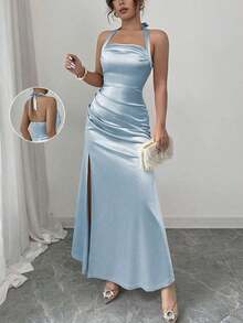 Vestido camisero elegante de color champagne, con tela de satén elástica y abertura lateral de largo maxi - Celeste - Ver 8
