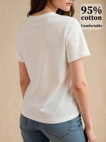 1pscAnewsta Camiseta Estampada Elegante y Divertida para Mujer, Adecuada para el Uso Diario, 100% Algodón - Blanco 11 - Ver 2