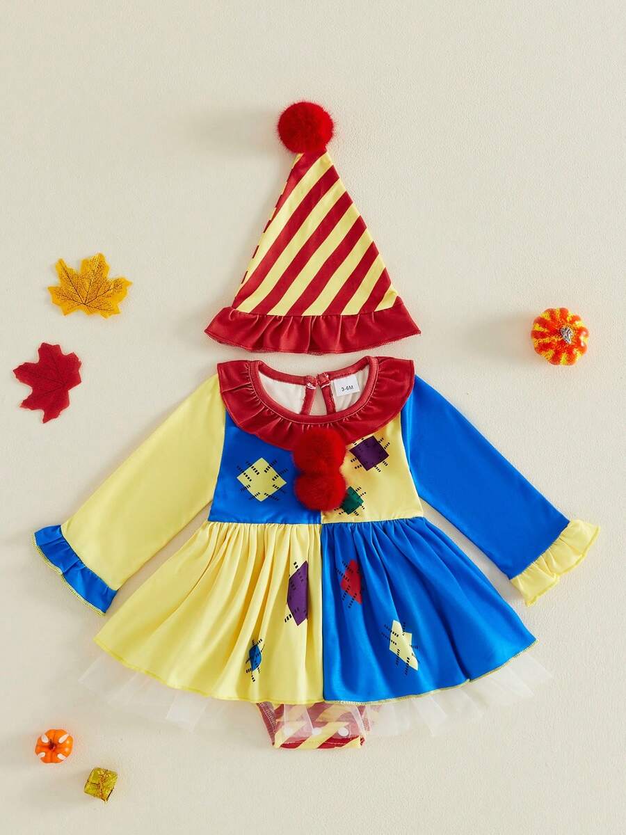 Conjunto de Halloween para bebé niña con temática de payaso: vestido de manga larga con cuello redondo y estampado de retazos, y gorro puntiagudo a juego. - Amarillo - Ver 1