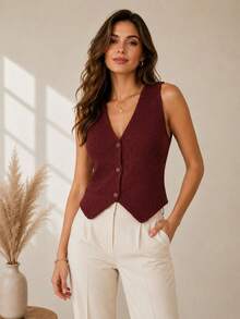 Women's Knitted Vest With Button Overlay, Simple Knit Fabric, Buttons At The Front - 紅木色 - 查看 2