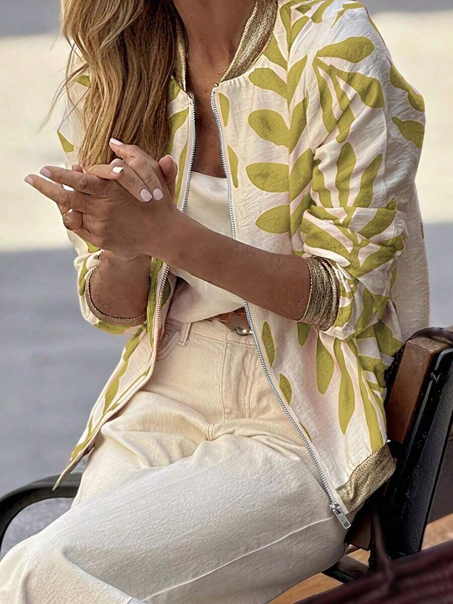 Chaqueta de béisbol estampada, con bolsillos, casual y cómoda para vacaciones, con parches de lámina, ligera tipo bomber, para mujer, talla grande vendida en primavera/verano - Dorado - Ver 1