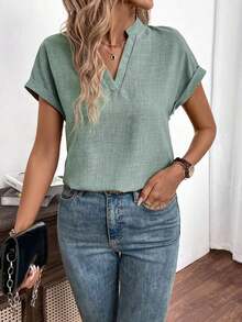Camisa de verano para mujer de unicolor con escote en V estilo murciélago, manga corta - Verde 2 - Ver 4