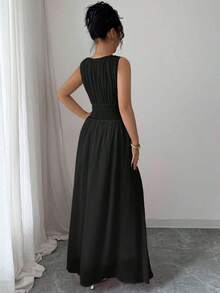 Vestido maxi casual, romántico, vintage y elegante de gasa para mujer con cordón en la cintura, para la playa, el té de la tarde, fiestas de noche, uso diario, sin mangas, de unicolor, vestido largo, primavera/verano - Negro - Ver 2
