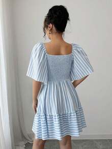 Elenzya Vestido de primavera y verano de talla media con rayas azules y blancas, manga corta, elegante y casual, con cintura ajustada para mujeres - Azul - Ver 2
