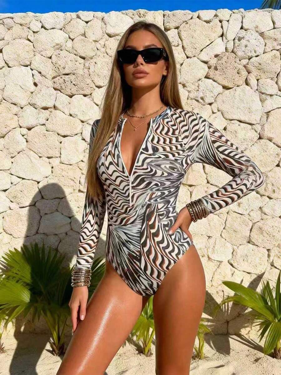 1 pieza Traje de baño tipo mono a rayas, para vacaciones y playa, verano - Multicolor - Ver 1