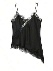 Camiseta de tirantes de mujer con parches de encaje y bajo asimétrico, versátil para citas y fiestas, de verano - Negro - Ver 1