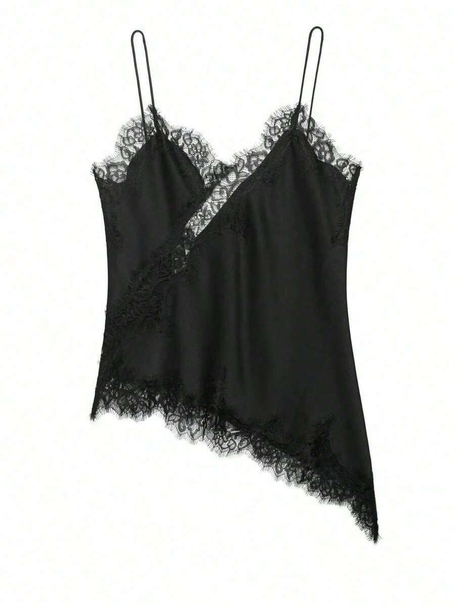 Camiseta de tirantes de mujer con parches de encaje y bajo asimétrico, versátil para citas y fiestas, de verano - Negro - Ver 1
