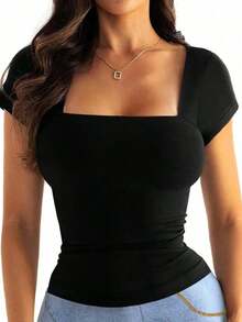 Camiseta de manga corta ajustada y sexy con cuello cuadrado de punto de unicolor para mujer Vaiaye, top de activewear para primavera/verano, adecuado para el Día de San Valentín en color rojo casual - Negro - Ver 10
