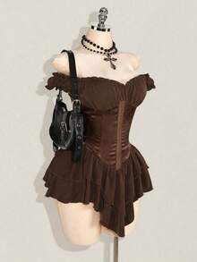 Vestido corto de gasa con volantes en el hombro, cintura fruncida y estampado jacquard para mujer, elegante para fiestas y uso casual - Marrón - Ver 8