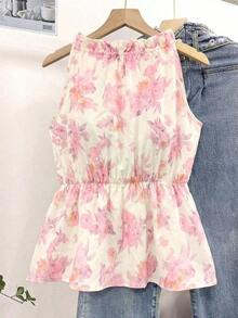 Blusa casual versátil de uso diario con estampado floral y pliegues para mujer - Rosa Pálido - Ver 6