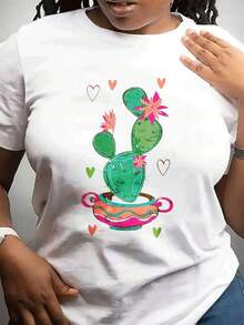 Blusa de mujer con estampado de pls de cactus y corazones de cactus - Cuello redondo de manga corta, casual de verano, lavable a máquina - Parte superior para atuendo casual, regalo para amantes de las pls - Blanco - Ver 2
