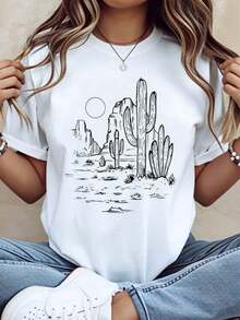 Camiseta gráfica de mujer con paise de cactus del desierto, estilo casual de verano, bohemio, uni, blanca, con estampado de lezara aventuras al e uso en vacaciones, 220g - Blanco - Ver 2