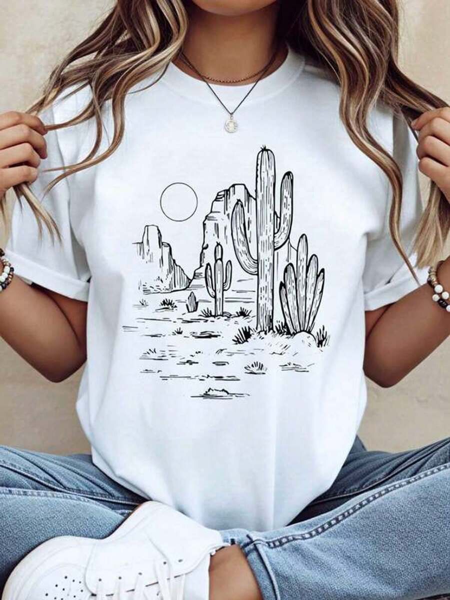 Camiseta gráfica de mujer con paise de cactus del desierto, estilo casual de verano, bohemio, uni, blanca, con estampado de lezara aventuras al e  uso en vacaciones, 220g
