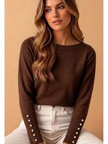 Basic Knit Sweater Blouse With Pearl Detail, Polyester, Pearls, Nightwear - Brown - View 1