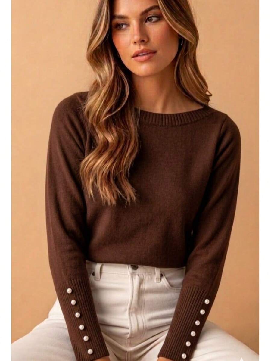 Basic Knit Sweater Blouse With Pearl Detail, Polyester, Pearls, Nightwear - Brown - View 1