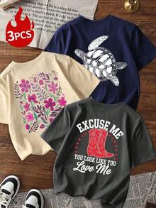 Single Garment, Not A 3-Piece Set. 1 Piece/Set Of Long-Sleeved T-Shirts Suitable For Streetwear. Oversized Crew Neck Top For Daily Outings, Camping, Concerts, Hip-Hop, Rock, And Rap Events. Denim Ocean-Themed Print T-Shirts With Turtle, Bouquet, And Cowboy Boot Prints. Loose And Soft T-Shirts, Retro Y2K Streetwear Style, Cool And Baggy T-Shirts For Girls, Popular Beach And Country Style Clothing For Summer. - 白色 - 查看 7