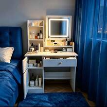 LED Lighted Square Mirror Makeup Vanity Desk, Multifunctional Dressing Table With Drawer & Side Cabinet, White Storage Vanity Table With Shelves, Bedroom Furniture Gift For Women Girls Birthday Christmas - 白色 - 查看 11
