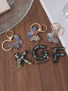 1pc A-Z Black Glitter Letter & Butterfly Keychain, Initial Resin Keyring, Holographic Butterfly Bag Charm, Car Key Accessory, Fashion Aesthetic Gift For Girls - Black - View 3