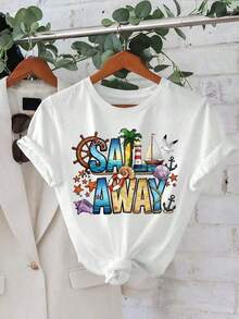 1 Piece Of Summer T-Shirt For Mother's Day, For Women, With "Cruise Life" And "Summer Vibe" Letter Print, Short Sleeve, Round Neck, Loose And Comfortable, Summer Clothing, Easter, 180g, 100% Cotton, All Designs Are Printed. Unisex. - 白色 6 - 查看 11