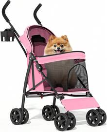 Carriola para mascotas de 4 ruedas, fácil de plegar para cachorros, con cubierta solar, almohadilla y bolsa de almacenamiento trasera, malla transpirable y visible para mascotas - Rosado - Ver 2