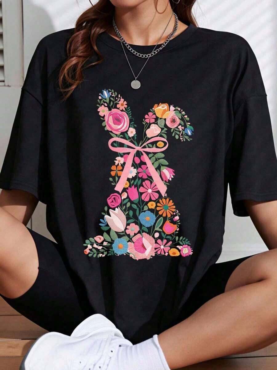 Women's Summer T-Shirt, Casual Floral Print With Letter A, Oversized T-Shirt With Colorful Flower Pattern, Casual Women's Clothing, Fashionable Summer Top - 黑色 - 查看 1