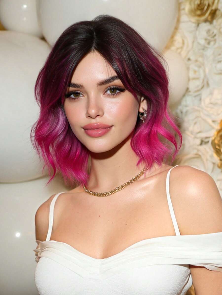 Hot Pink Brown Ombre Short Bob Small To Medium Curls Dark Roots With Nature Bangs 12-Inch Heat-Resistant Synthetic Hair For Party,Daily,Music Festival,Gatherings And Ceremonies - Hot Pink - View 1